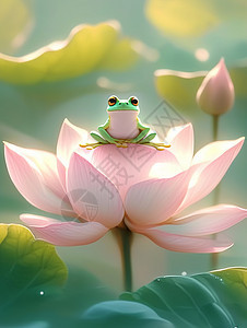 在荷花上的一只可爱的卡通小青蛙图片