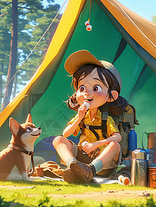 可爱的卡通小女孩与狗一起在森林中露营图片