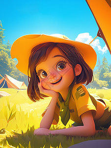 穿着黄色T恤戴着帽子在户外露营的女孩背景图片