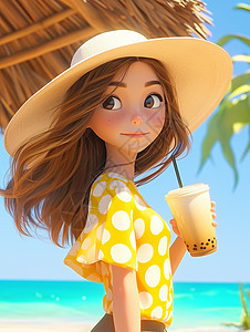 头戴着大大的遮阳帽穿着黄色波点上衣的卡通女孩图片