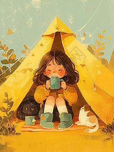 坐在黄色帐篷下喝热水的女孩图片