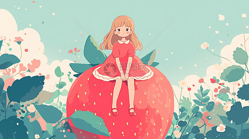 坐在红色大大的草莓上乖巧可爱的卡通小女孩图片