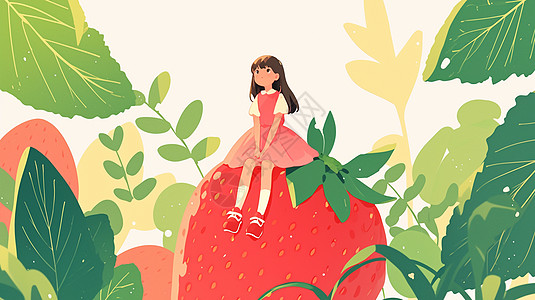 坐在红色大大的草莓上可爱的卡通小女孩高清图片