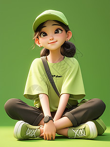 穿着绿色T恤坐在草地上时尚的卡通女孩图片