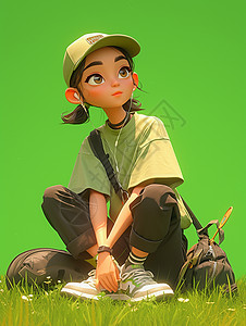 穿着嫩绿色T恤坐在草地上的卡通女孩图片