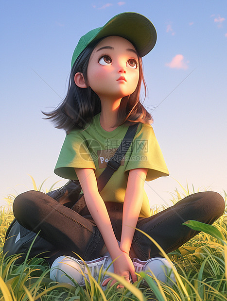春天坐在草地上穿着绿色T恤头戴棒球帽的卡通女孩图片