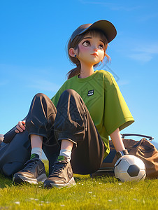 坐在草地上穿着绿色T恤头戴棒球帽的时尚卡通女孩图片