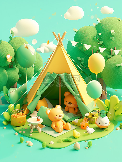 春天森林中可爱的露营帐篷图片
