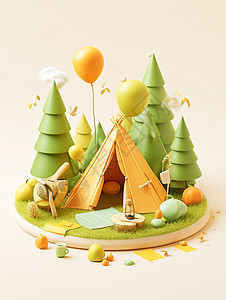 森林中可爱的卡通露营帐篷图片