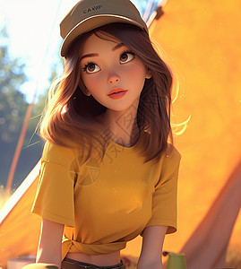 穿着黄色上衣头戴棒球帽长发漂亮的卡通女孩在森林草地上露营图片