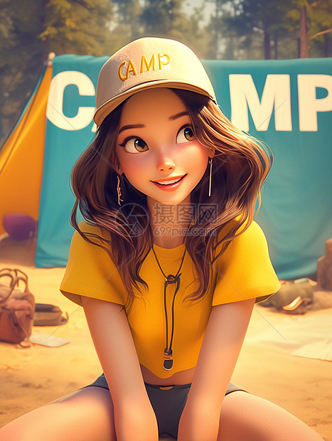 头戴棒球帽长发漂亮的卡通女孩在森林草地上露营图片