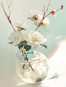 透明的花瓶中插着几枝花朵插画图片