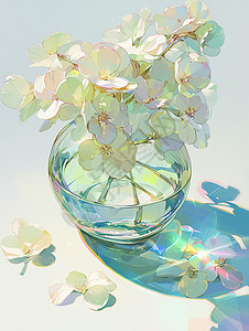 透明的花瓶中插着几枝花朵插画图片