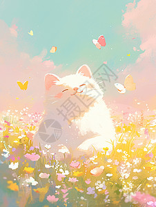 梦幻卡通猫在花丛中的蝴蝶图片