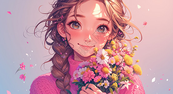 抱着小花面带微笑大眼睛漂亮的女孩背景图片