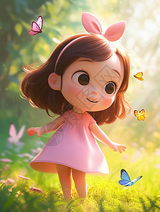 穿着粉色裙子在花丛中与蝴蝶玩耍的女孩图片