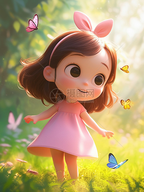 穿着粉色裙子在花丛中与蝴蝶玩耍的女孩图片