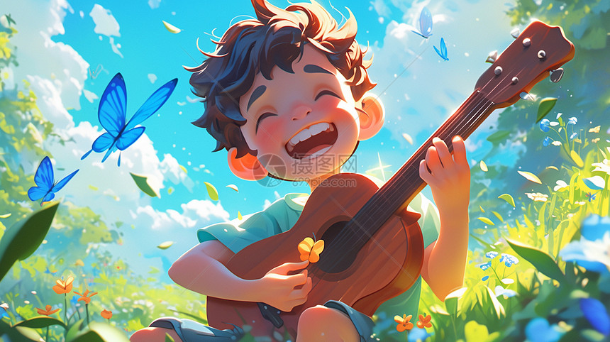 在草丛中开心弹琴的卡通小男孩图片