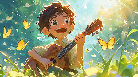 在草丛中开心弹琴的卡通男孩高清图片