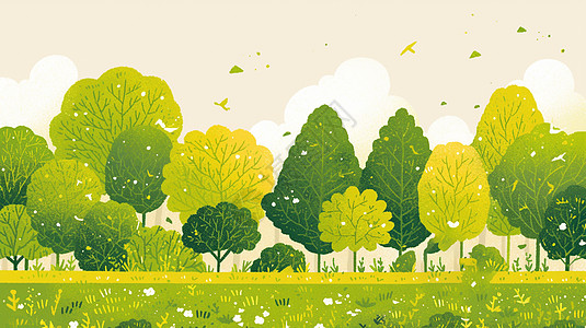 树手绘风绿色调卡通森林插画