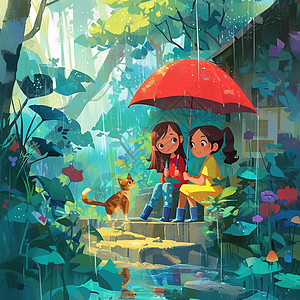 可爱的小女孩与宠物猫一起在雨中玩耍插画