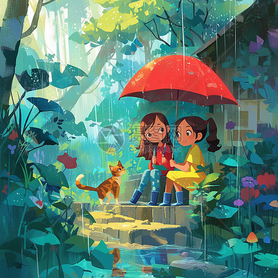 可爱的小女孩与宠物猫一起在雨中玩耍图片