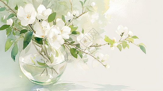 透明花瓶中插着一束白色花朵图片