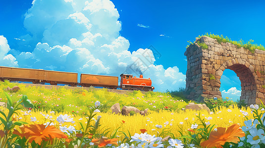 春天在野外开满鲜花的山坡上行驶着一辆卡通列车图片