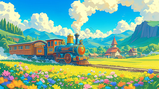 春天开满鲜花的山坡上行驶着一辆卡通列车图片