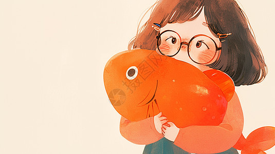 可爱的卡通小女孩抱着红色巨大的鱼图片