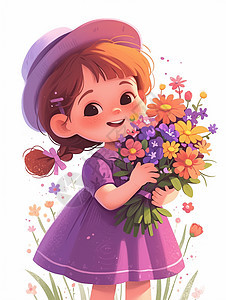 穿着紫色连衣裙抱着花束的可爱卡通小女孩图片