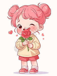 手拿一朵小花开心笑可爱的粉色头发卡通小女孩图片