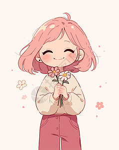 手拿一朵小花粉色头发卡通小女孩背景图片
