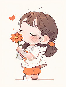 穿白色T恤手拿一朵小花的可爱卡通小女孩背景图片