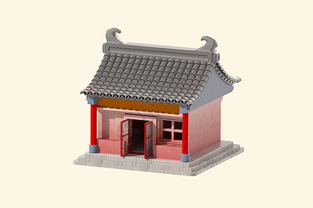 c4d立体卡通红色开门古建筑3d插画元素图片