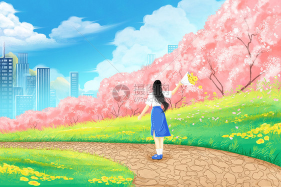 手绘治愈系女孩春游踏青樱花场景插画图片