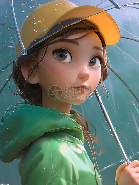穿着上衣打着雨伞在雨中的卡通小女孩图片