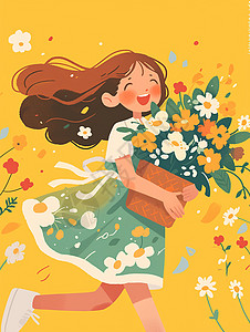 可爱的长发卡通小女孩抱着一篮子花朵开心奔跑图片