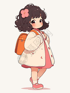 背着书包开心上学的可爱卡通小女孩背景图片
