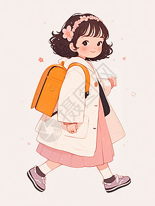 背着橙色书包开心上学的可爱卡通小女孩高清图片