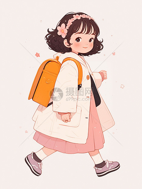 背着橙色书包开心上学的可爱卡通小女孩图片