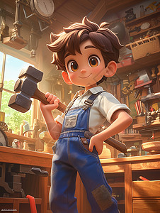 蓝色工人穿着蓝色背带裤手拿工具的小男孩插画