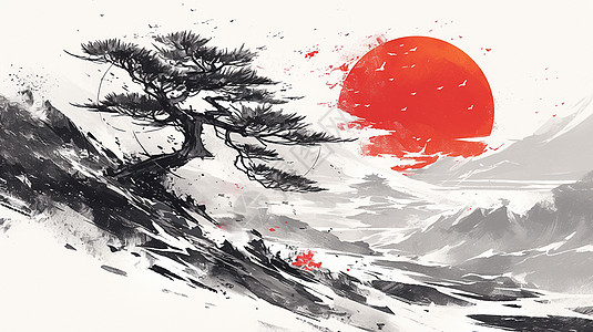 一棵古松唯美红色落日中国风插画图片