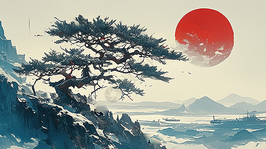 在高山上一棵古松唯美红色落日插画图片