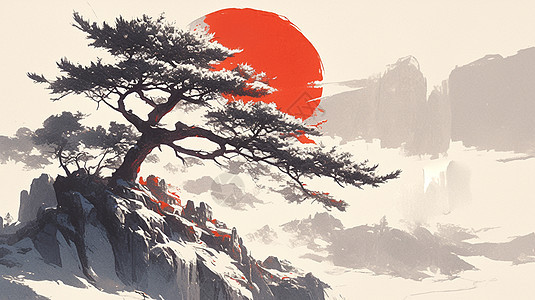 在高山上一棵古松唯美落日中国风插画图片