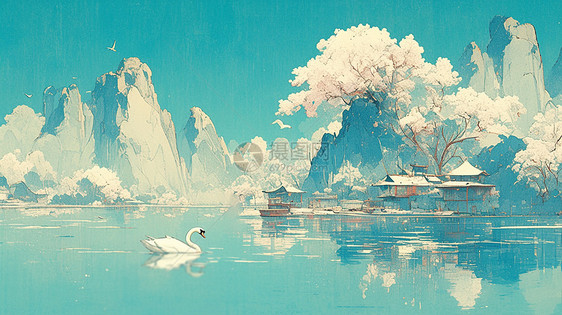 在湖面上安静游泳的几只卡通天鹅唯美卡通风景图片