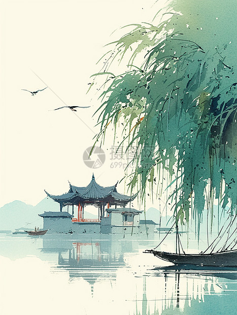 春暖花开湖面上一艘小船唯美中国风插画图片