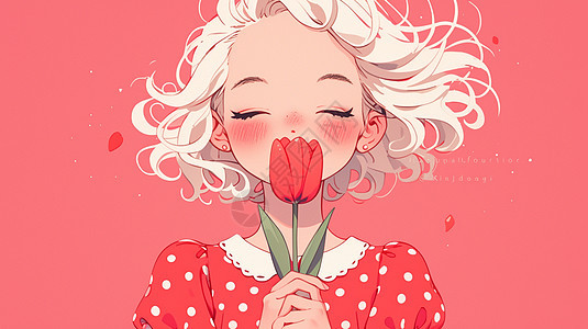 白发卡通女孩手拿郁金香花朵背景图片