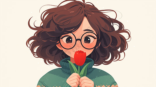 手拿红色花朵穿着绿色毛衣卷发扁平风卡通女人背景图片