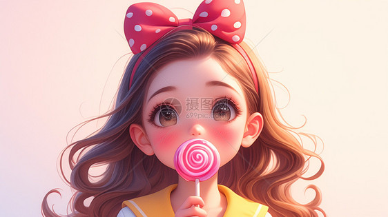头戴蝴蝶结发卡的可爱卡通小女孩正在吃棒棒糖图片